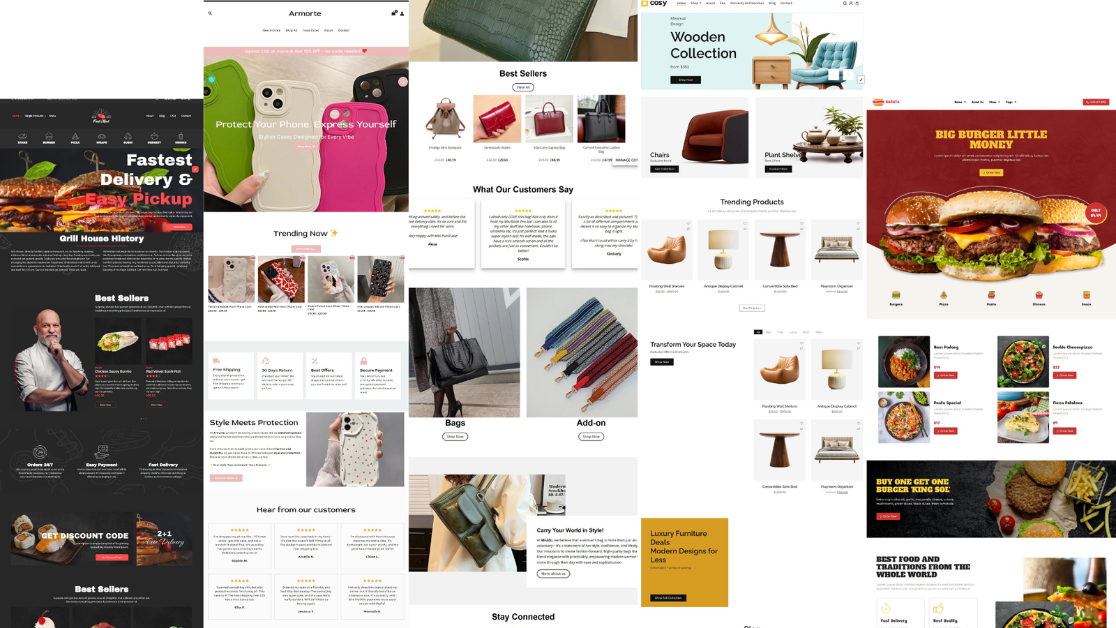 Aoreach professional web design services showcasing modern website layouts for eCommerce, restaurants, and furniture businesses